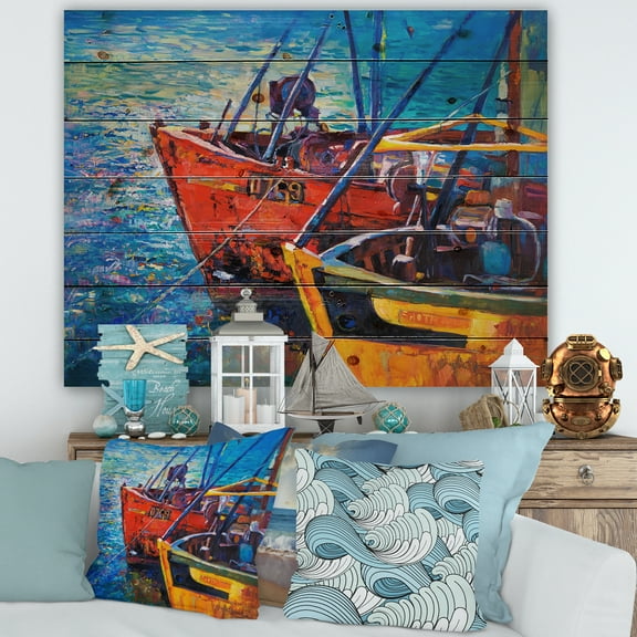 Designart 'Boats During Warm Sunset Resting On The Water VII' Nautical & Coastal Print on Natural Pine Wood
