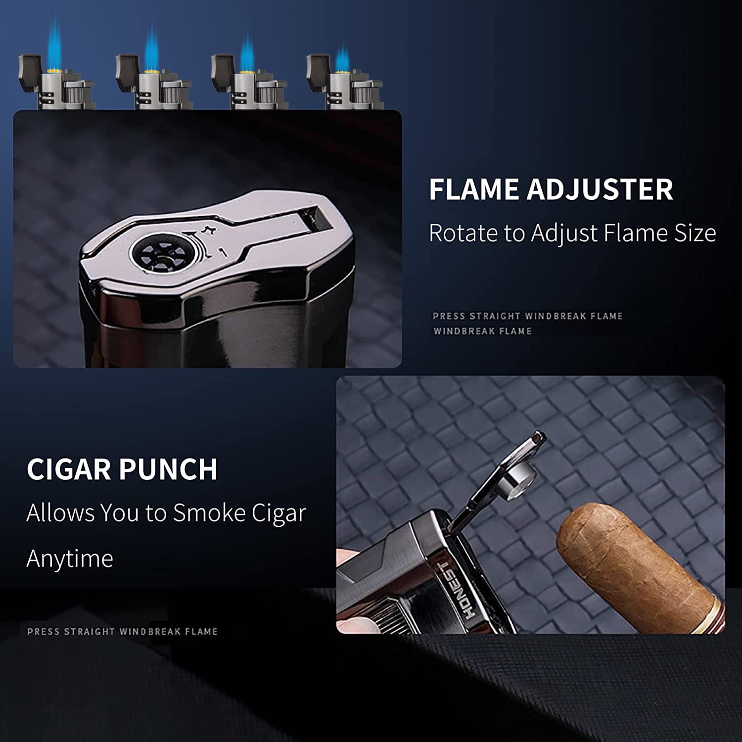 PROMISE Triple Jet Torch Lighter with Cigar Cutter Punch Cigar Rest Cigarette Lighter Visible Gas Tank Adjustable flame Gas not Included (Red Copper)