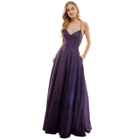 City Studios Juniors Purple Glitter Lace-Up-Back Evening Gown Dress