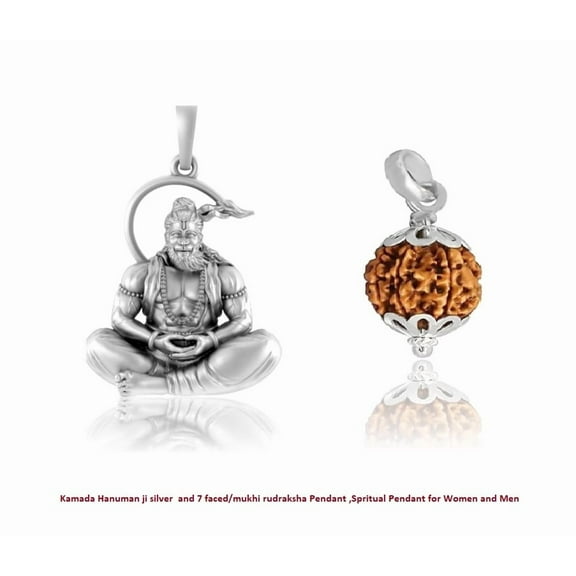 Kamada Hanuman ji silver and 7 faced/mukhi rudraksha Pendant ,Spritual Pendant for Women and Men