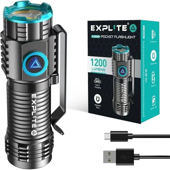 Explite LED Mini Flashlight Rechargeable Dual Power USB-C, Compact, Super Bright, Magnetic Keychain Clip, High Lumens Small Pocket Flash Light