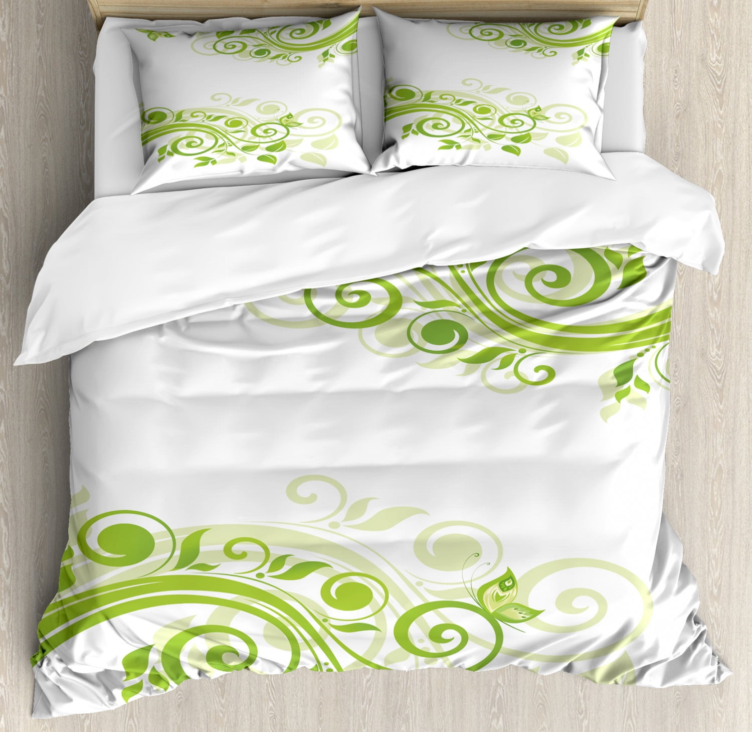 Green Duvet Cover Set, Floral Botanical Artistic Design with Curly