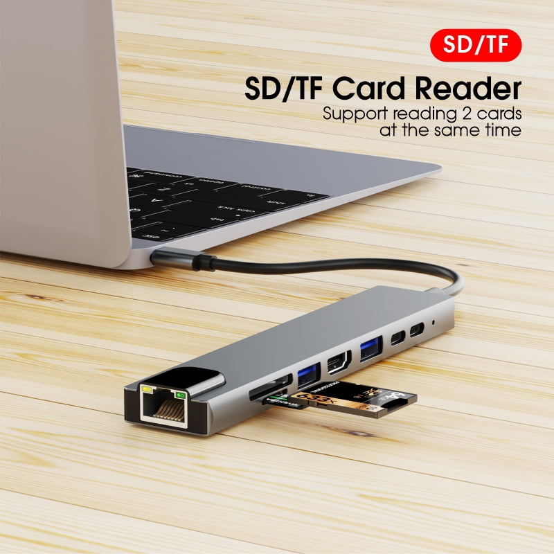 DOONJIEY  8 In 1 USB Multi Port Hub Custom Portable USB C Splitter USB OTG Card Reader Hub Ethernet Adapter