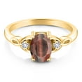 thumbnail image 2 of Gem Stone King 18K Yellow Gold Plated Silver Red Tiger Eye and White Created Sapphire 3-Stone Rings for Women (1.33 Cttw, Gemstone, Oval 8X6MM, Available in Size 5, 6, 7, 8, 9), 2 of 4