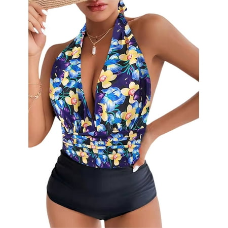 JBEELATE Women One Piece Tummy Control Swimsuit High Waist Plunge Ruched Monokini Retro Backless Swimwear