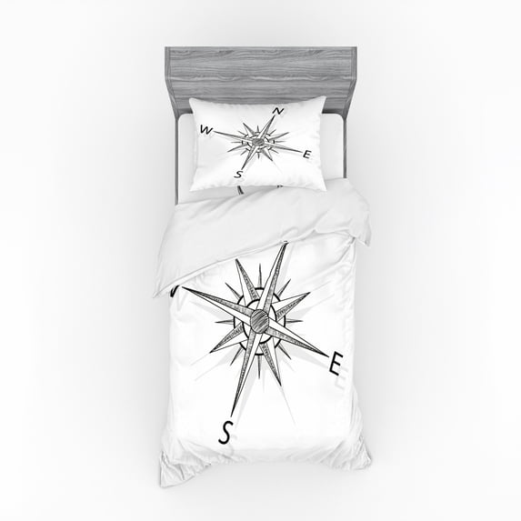 Compass Duvet Cover Set, Black and White Compass for Finding Your Way on the Sea Marine Life Exploration, Bedding Set with Shams and Fitted Sheet, 3 Sizes, by Ambesonne