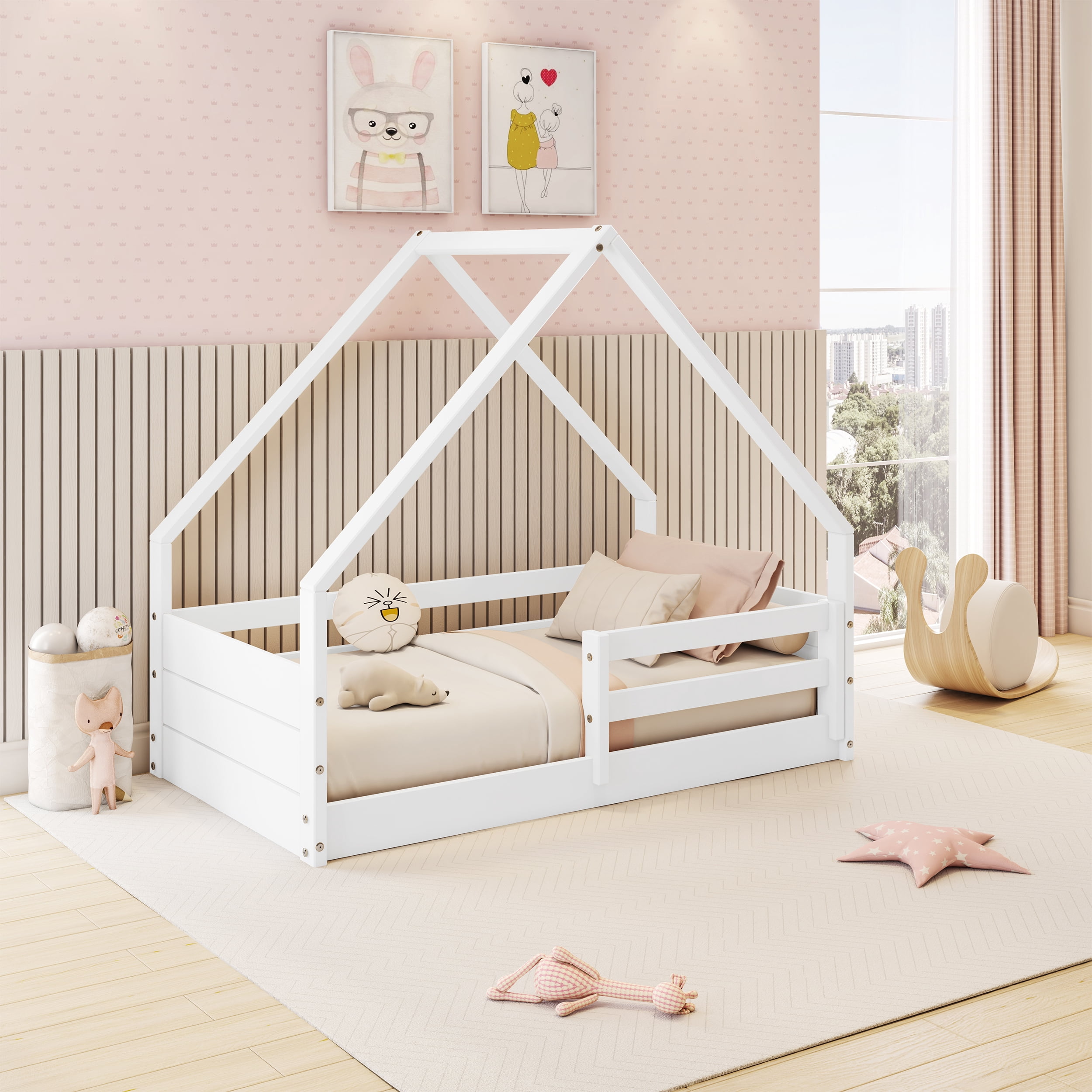 Polifurniture Brie Toddler Bed with Roof and Built-In Guardrails