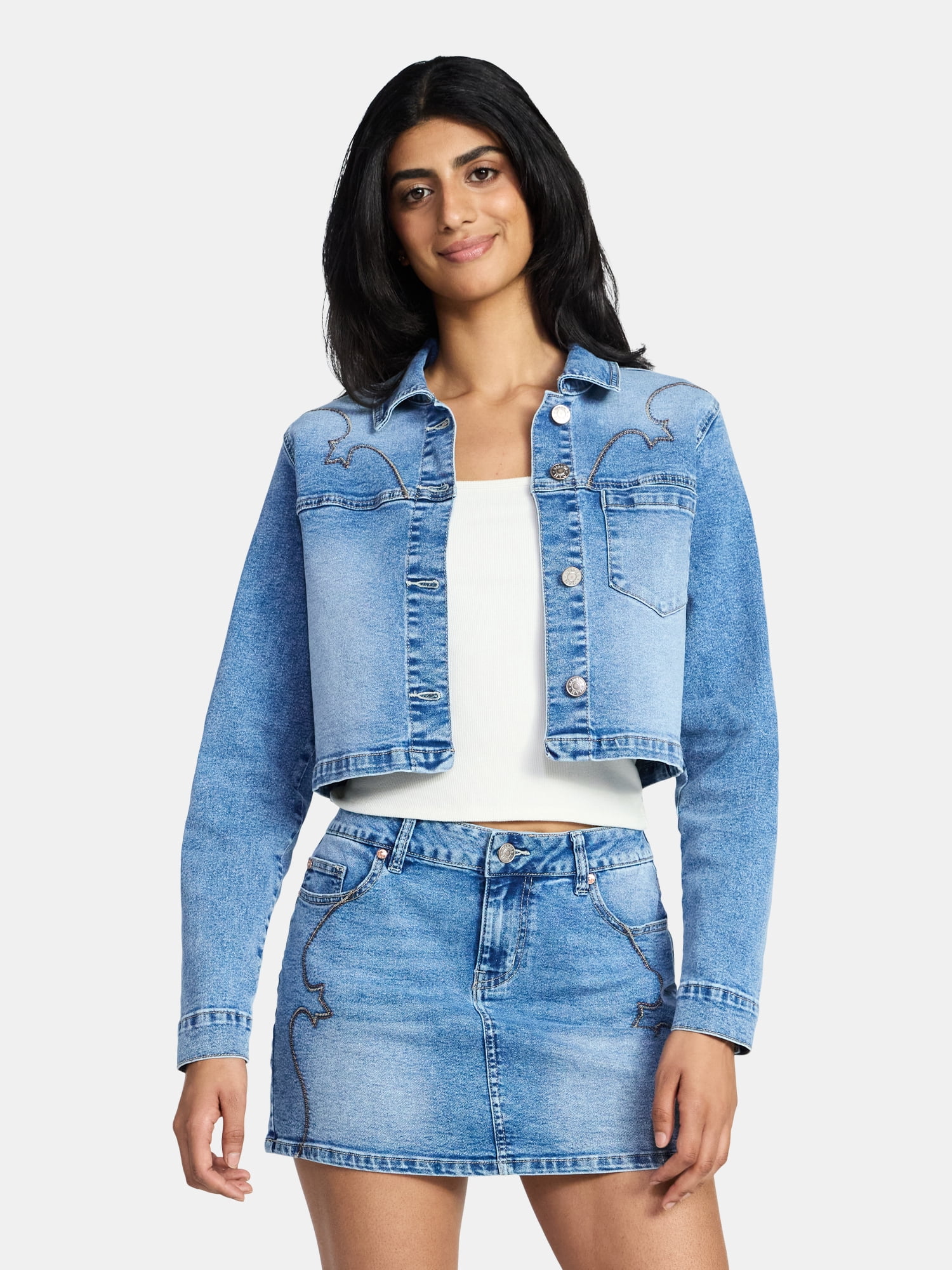 Jessica Simpson Women's Denim Moto Jacket with Faux Fur Collar
