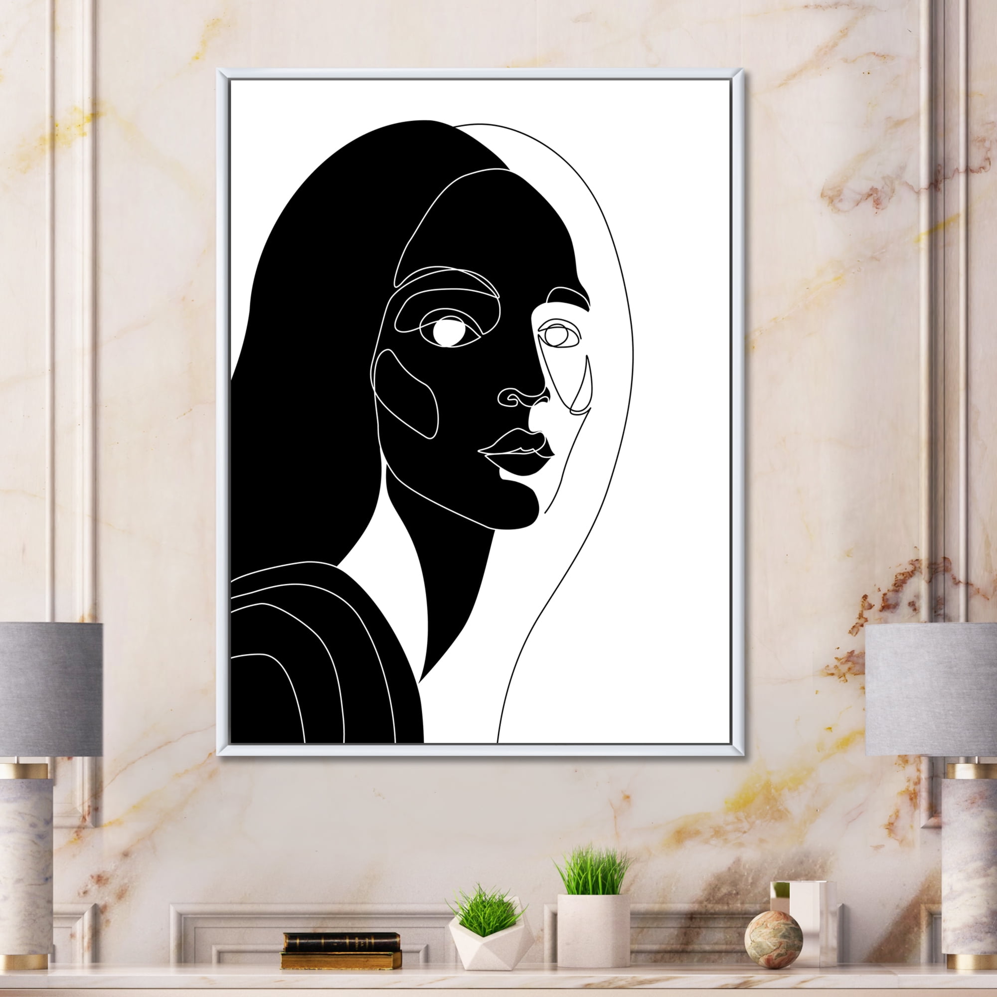 Designart 'Retro Black and White Minimal Portrait of Young Girl' Modern Framed Canvas Wall Art Print