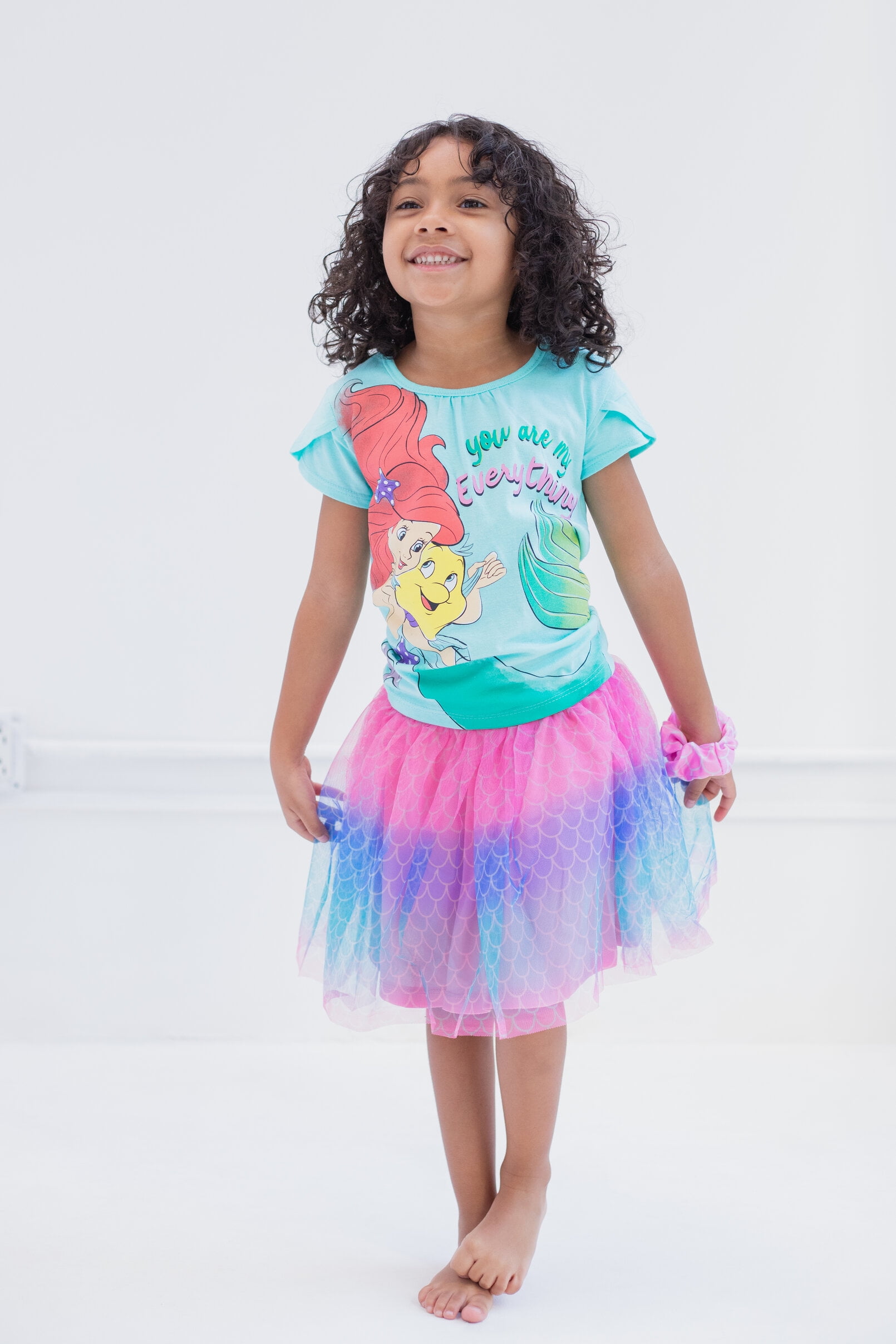 Disney The Little Mermaid Toddler Girls' T-Shirt and Tutu Skirt Set with Scrunchie Aqua Ariel Flounder