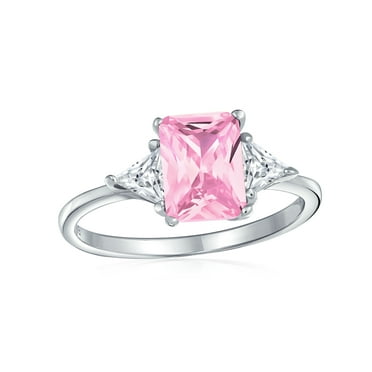 Bling Jewelry Womens Bridal 3 Stone CZ Pink Emerald Cut Engagement Ring with Trillion Accents Silver