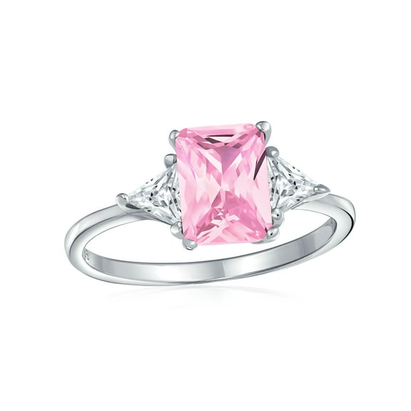 Bling Jewelry Womens 3 Stone CZ Pink Emerald Cut Engagement Ring Trillion Accents