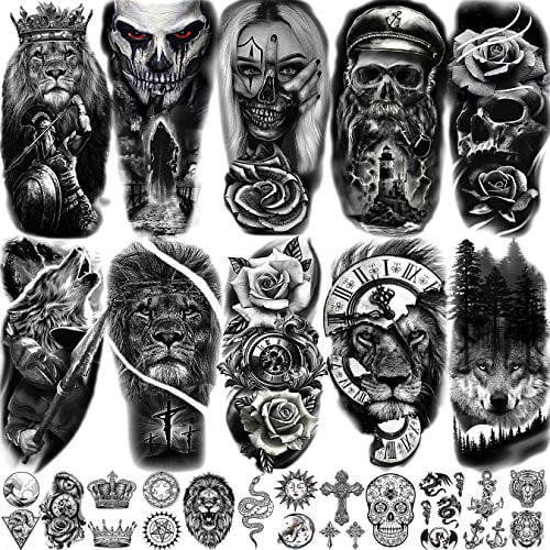 EGMBGM 22 Sheets Halloween Skull Temporary Tattoos For Women Neck 3D Pirate  Captain Lion Warrior Evil Joker Gangster Fake Tattoo Stickers For Men  Adults Arm Rose Flower Cross Long Lasting Tatoos Kids -
