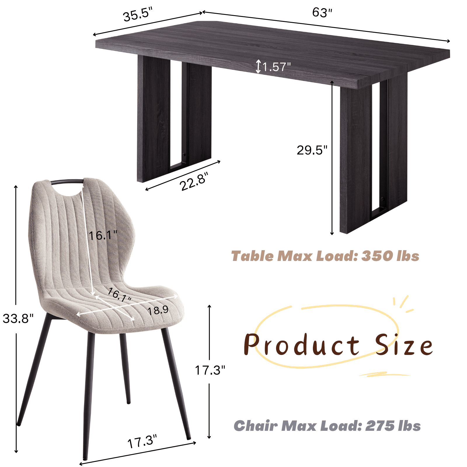 63" Rectangle Dark Gray Dining Room Table Chair Set for 4, Farmhouse Wood Kitchen Table with 4 Upholstered Khaki Chairs for Dinner, Living Room, Apartment, 5 Piece