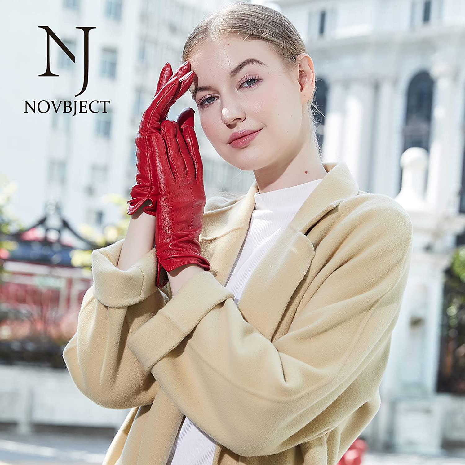NOVBJECT Full Touchscreen Winter Warm Driving Gloves Cashmere Lining Women's Genuine Leather Gloves