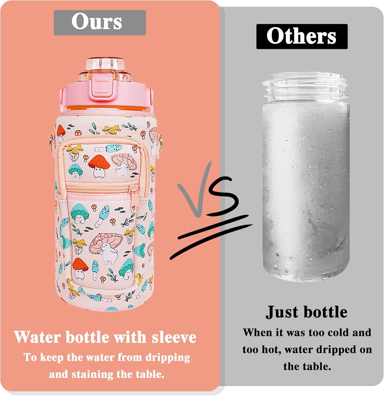 64 oz Water Bottle with Straw Sleeve & Strap Motivational BPA Free Half Gallon Water Jug with Handle for Gym Women Men Aesthetic Water Bottle with Strap Mushroom Pink