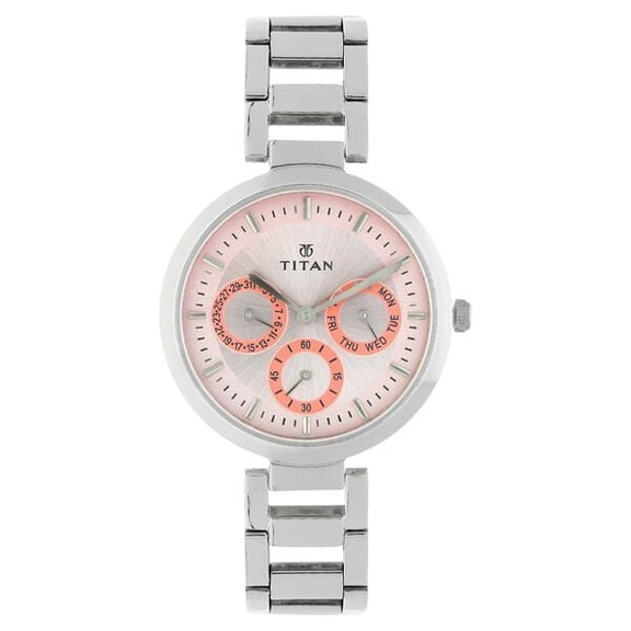 Titan Quartz Multifunction Pink Dial Stainless Steel Strap Watch for Women