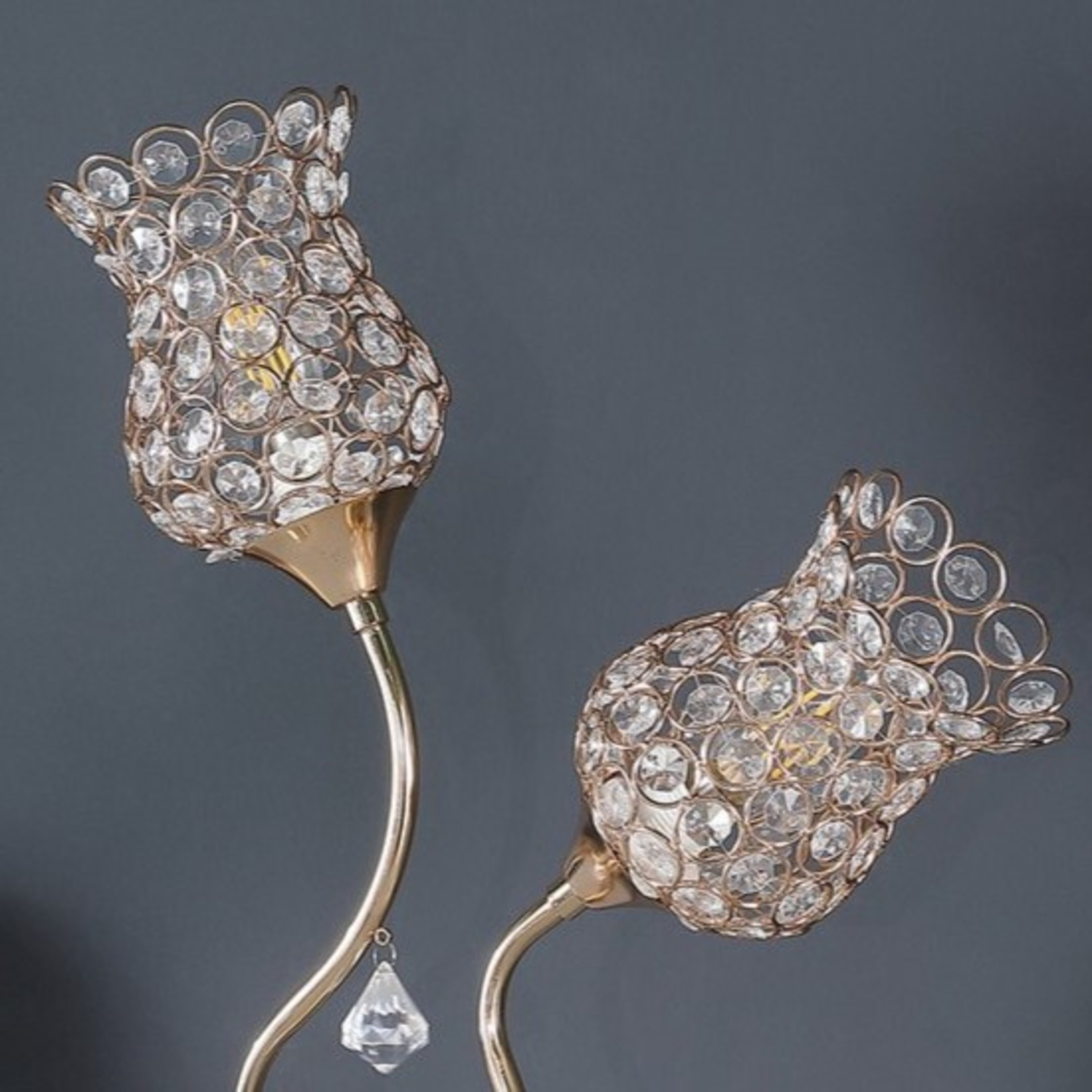 Noble House 18.75" 2-Floral Trumpet Table Lamp, Wire Cage Shades, E12 Candelabra Bulbs, Glam Metal, Rose Gold