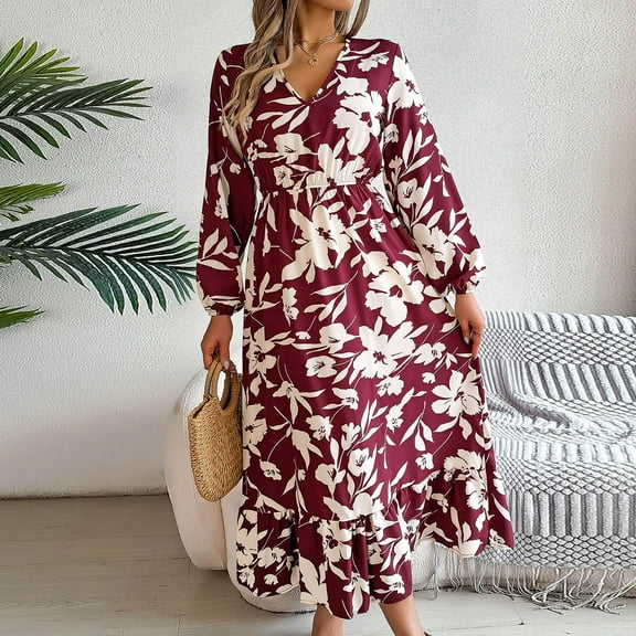 WXLWZYWL Womens Maxi Dress Floral Printed V Neck Long Sleeve Maxi Dress High Waist Boho Ruffle Dress