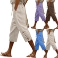 thumbnail image 3 of Oksale Linen Cotton Capris Women Petite Lace Hem Straight Leg Capri Pants with Pockets Dressy Casual Drawstring Waisted Travel Vacation Clothes Beige XL, 3 of 6