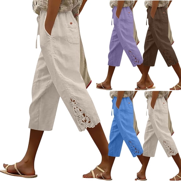 Oksale Linen Cotton Capris Women Petite Lace Hem Straight Leg Capri Pants with Pockets Dressy Casual Drawstring Waisted Travel Vacation Clothes Purple M