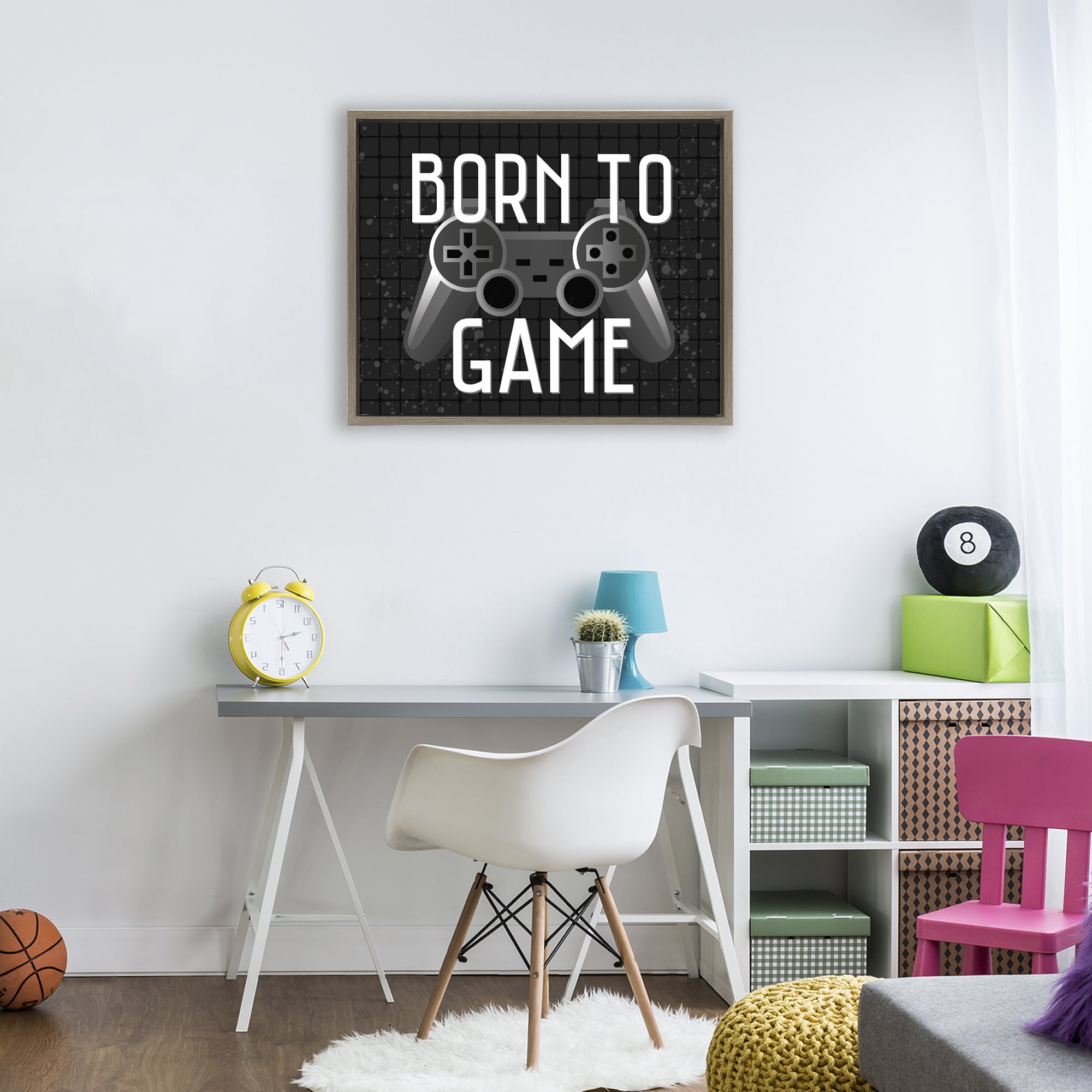 Stupell Industries Born To Game Retro Brown Framed Floater Canvas Wall Art, design by Kim Allen