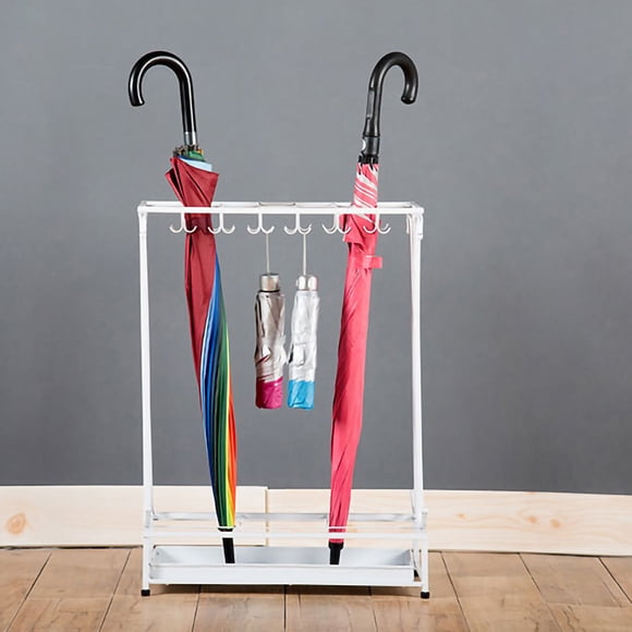 Paragüero con bandeja de goteo - 10 orificios, 8 ganchos - Blanco