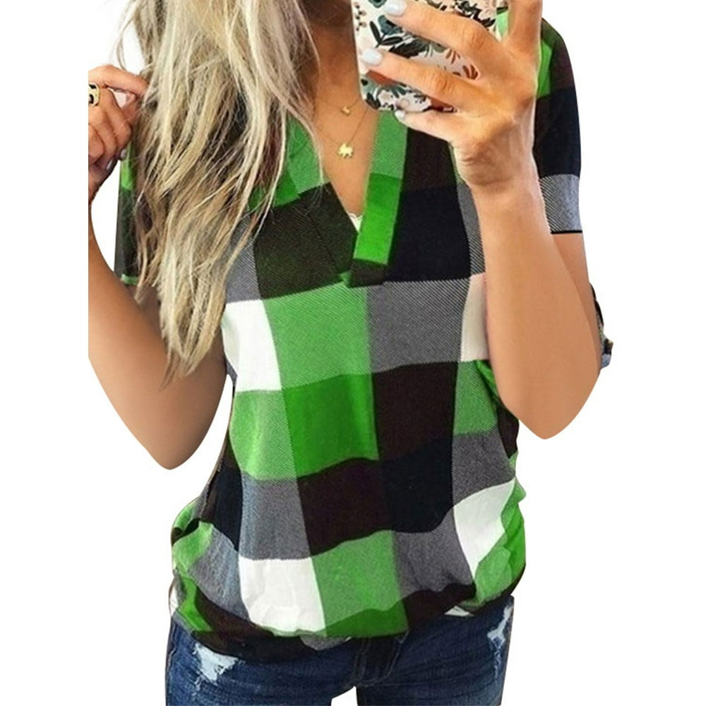Sexy Dance - Plus Size New Fashion V Neck Plaid Pullover Tops Bouse For Women Autumn Winter Thin