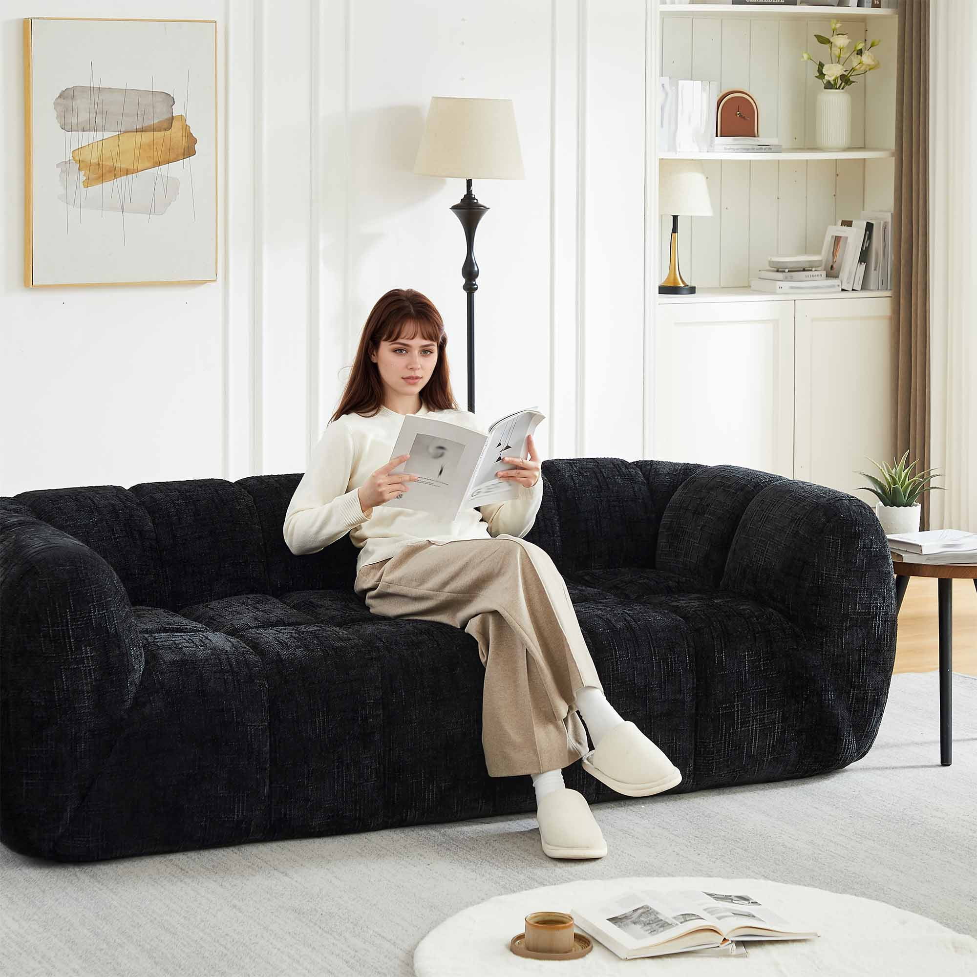 Lunale 3-Seater Boneless Sofa, No Assembly Required, Modern Cloud Couch for Living Room, Apartment, Black Chenille