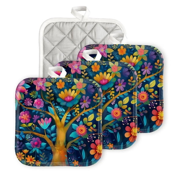 Bahomeck Pot Holder 4Pcs,Colorful Tree Of Life With Flowers With Vibrant Leaves And Colors Square Heat Resistant Hot Pads For Kitchen Cooking Oven With Hanging Loop Potholder Easy To Store