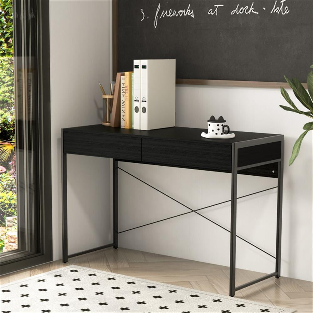 Demi Bonn 2-Drawer Home Office Desk with Steel Frame, Small Home Computer Desk Study Writing Table, Black