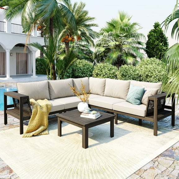4 Pieces Outdoor Acacia Wood Sofa Set, Woven Mesh Armrests, L-Shaped Patio Furniture Sofa Set with Coffee Table, Outdoor Conversation Set with Gray Cushions and Side Table