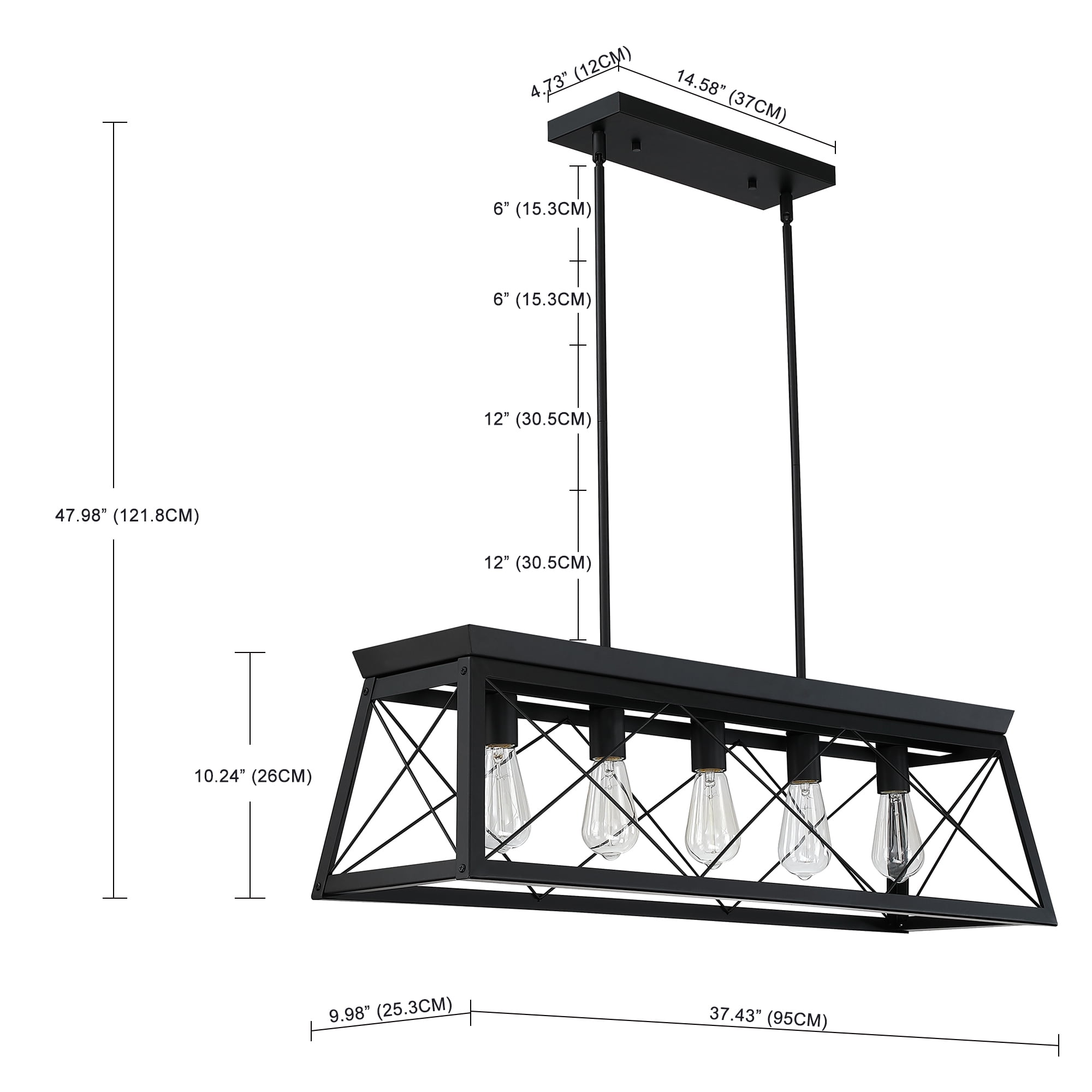 5-Light Farmhouse Matte Black Chandelier Industrial Pendant Lighting for Kitchen Island for Dining Room, Living Room