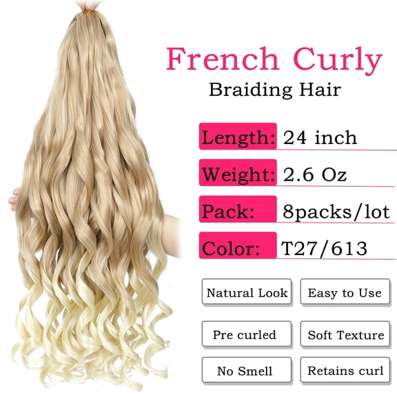 WEIF-French Curly Braiding Hair 24 Inch 8 Packs - Pre Stretched Bouncy Braiding Hair- Loose Wavy Synthetic Hair Extensions for Black Women (24 inch 8 packs T27/613)