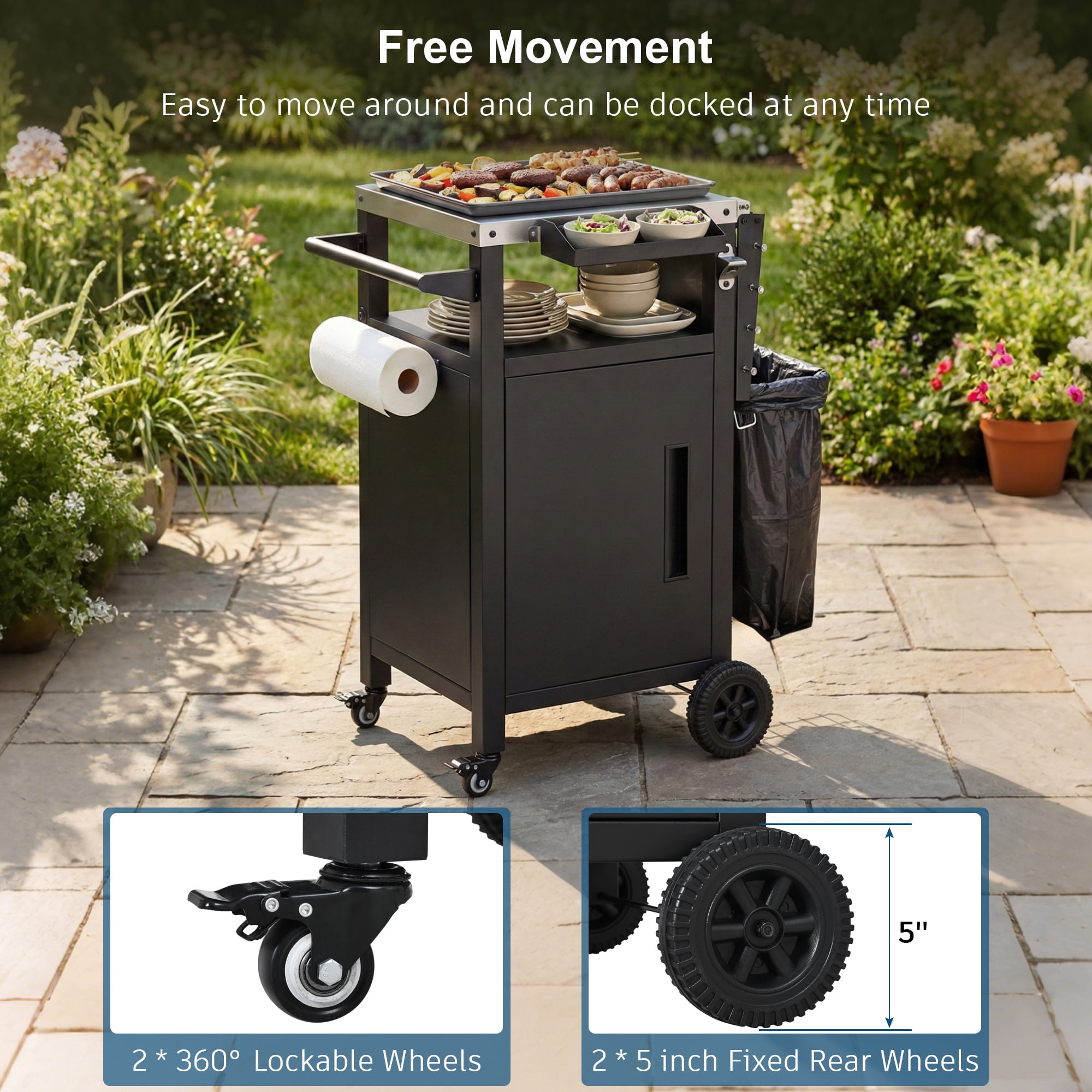 Aukfa 34" Outdoor Grill Cart with Weatherproof Cover, Compact Stainless Steel BBQ Table with Foldable Side Shelf, Black