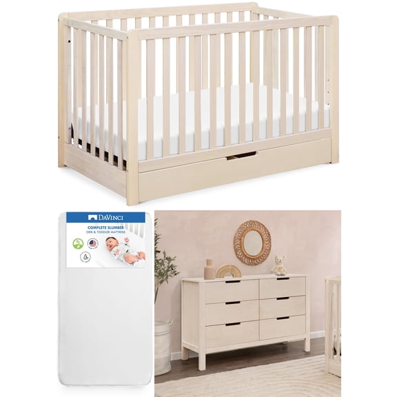Carters by DaVinci Colby 4 in 1 Convertible Crib with Trundle Drawer with 6 Drawer Dresser in Washed Natural , Plus Complete slumber Criband Toddler Mattress