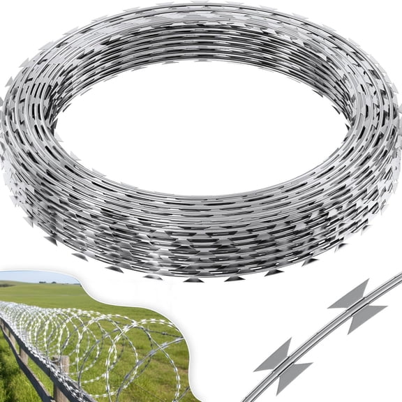 50 ft Double Helix Wire Barbed Wire Fence,1 Rolls Galvanized Razor Wire Roll,Silver Steel Fencing for Garden,Yard and Perimeter Security
