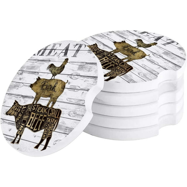 RYLABLUE Meat Cow Pig Chicken and Fork Knife on Retro Wood Plank Set of 4 Car Coaster for Drinks, Absorbent Ceramic Stone Coasters Cup Mat with Cork Base for Home Kitchen Room Coffee Table Bar Decor