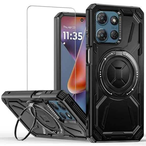 TJS for Motorola Moto G Power 5G 2025 / Moto G Power 5G 2026 Phone Case, with Tempered Glass Screen Protector, [Military Grade] Metal Circle Ring Magnetic Support Kickstand Protective Cover (Black)