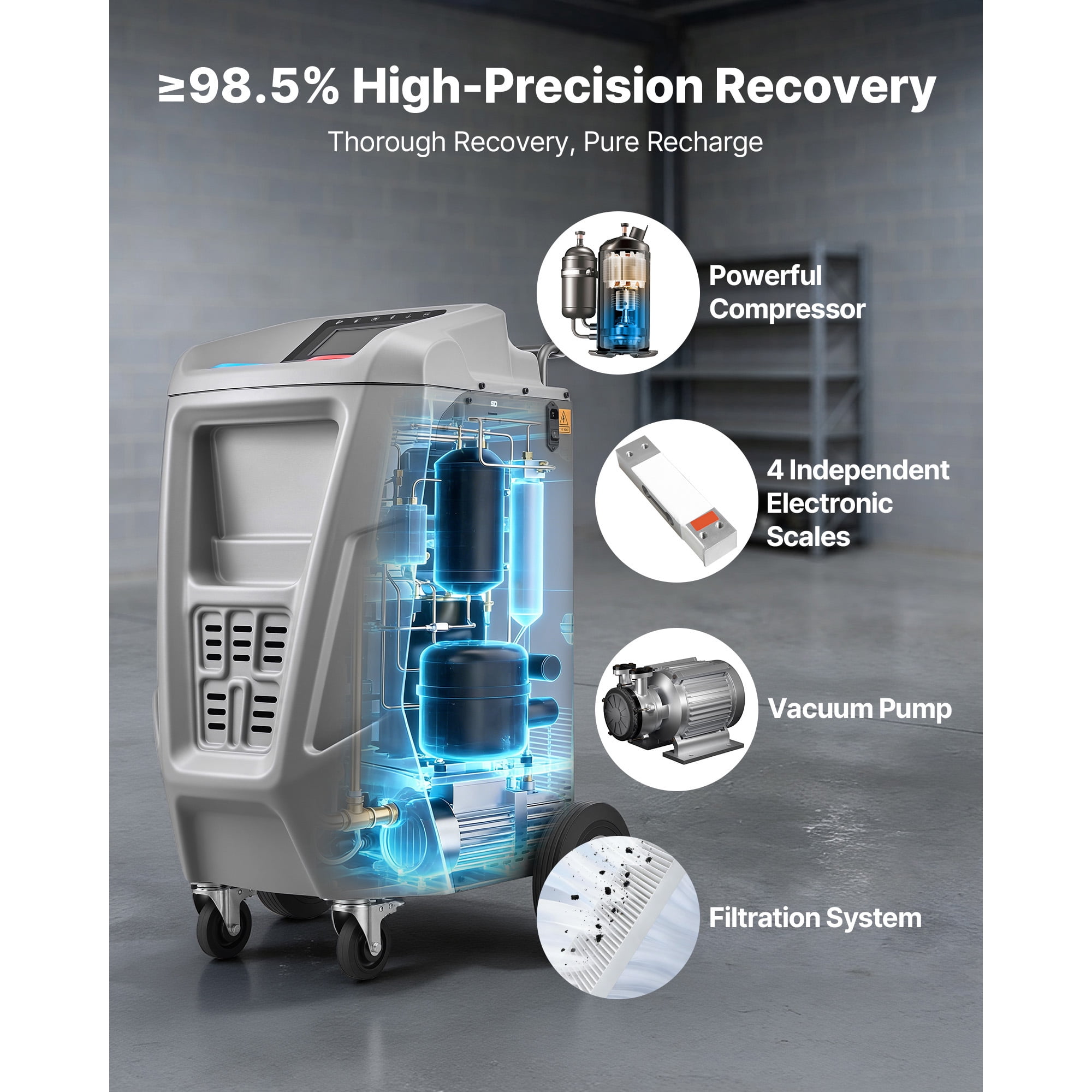 KFFKFF Fully Automatic Refrigerant Recovery Machine for 1234yf, High Accuracy, 7-Inch Touch Screen, AC Recovery, Vacuum, and Recharge for Standard and High Voltage Automotive A/C Systems