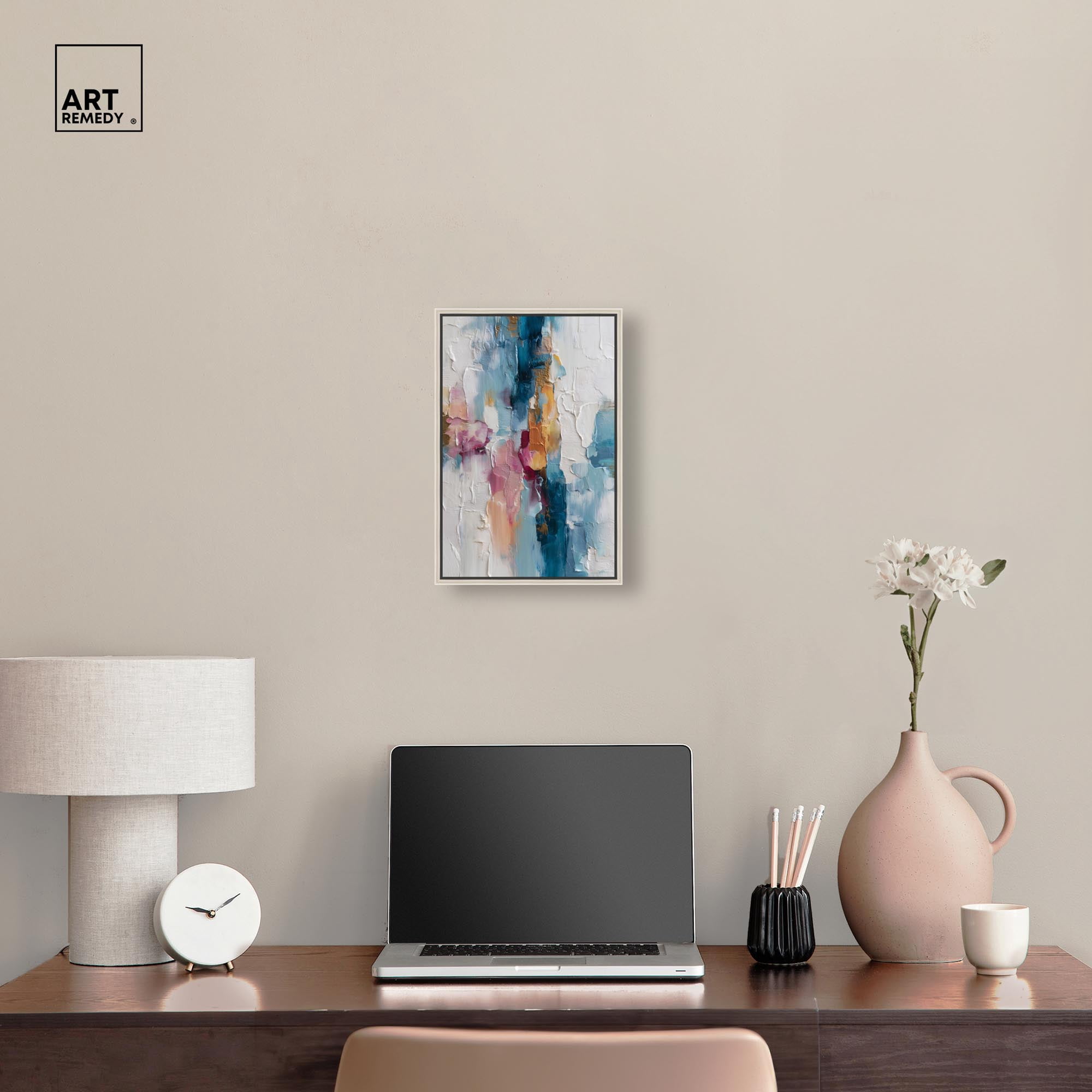 Petal Pink and Ocean Blue II Canvas Modern Wall Decor by Art Remedy, Silver Frame, 10 x 15