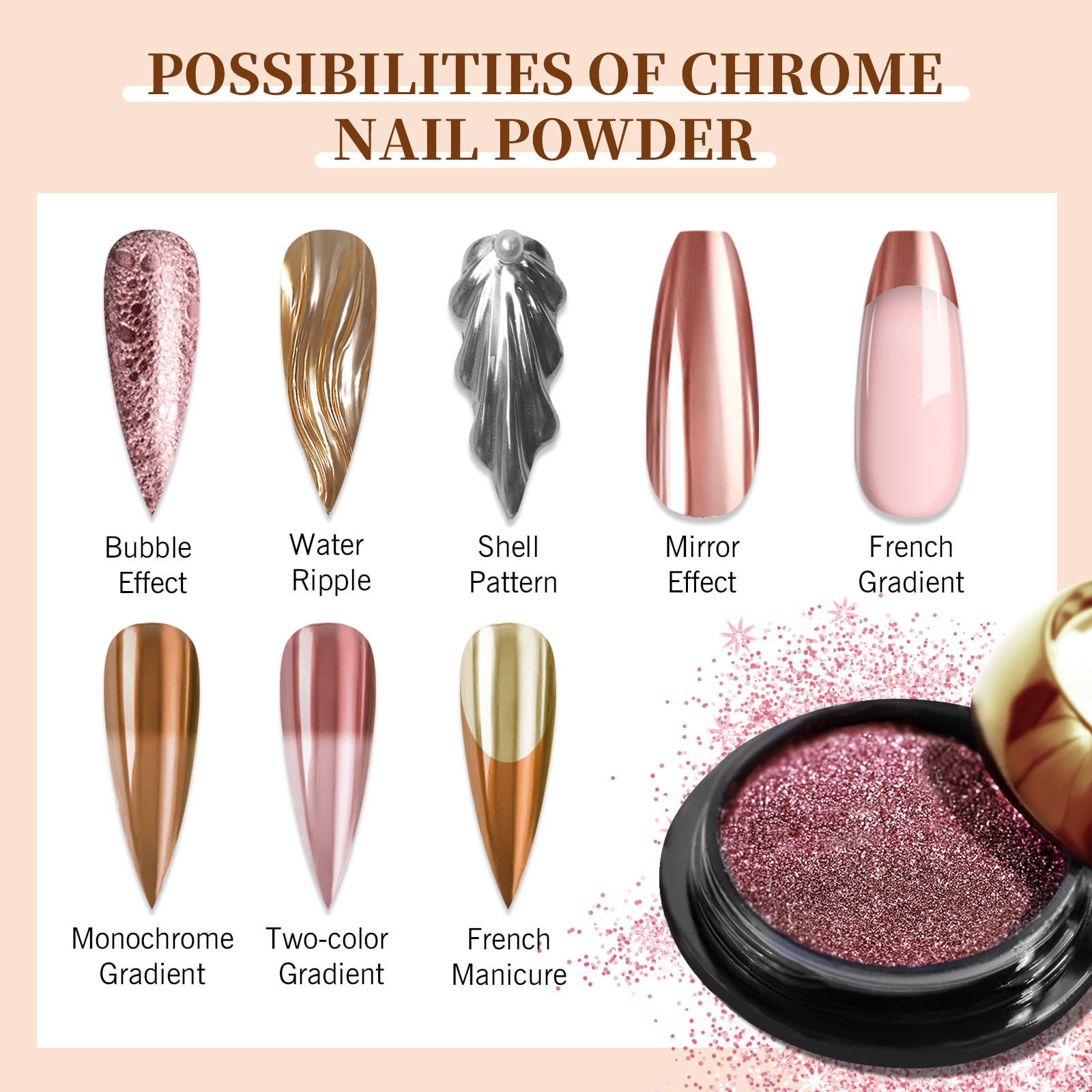 Saviland 6pcs Chrome Nail Powder Set - Rose Gold Chrome Nail Powder Metallic Mirror Manicure Pigment for Nail Decoration, Adult Unisex, Size: One Size