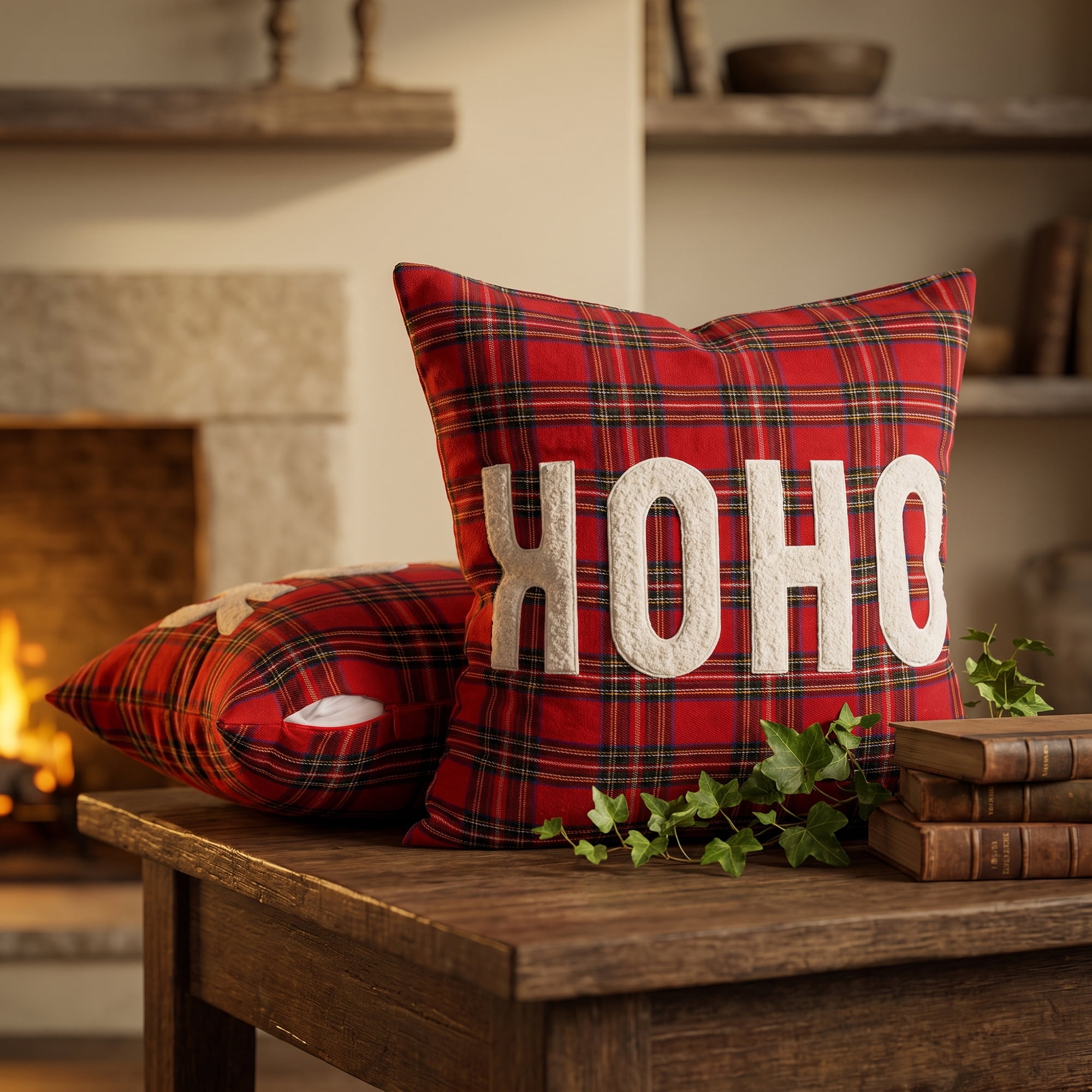 Unique Bargains Plaid Throw Pillow Covers Tartan Cushion Cases Red Plaid HoHoHo 18"x18"