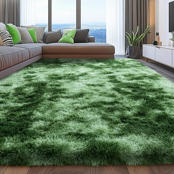 ZENELESS 9'x12' Tie-Dye Dark Green Plush Shaggy Rug, Extra Large Soft Indoor Modern Fluffy Carpet for Stylish Home Decor