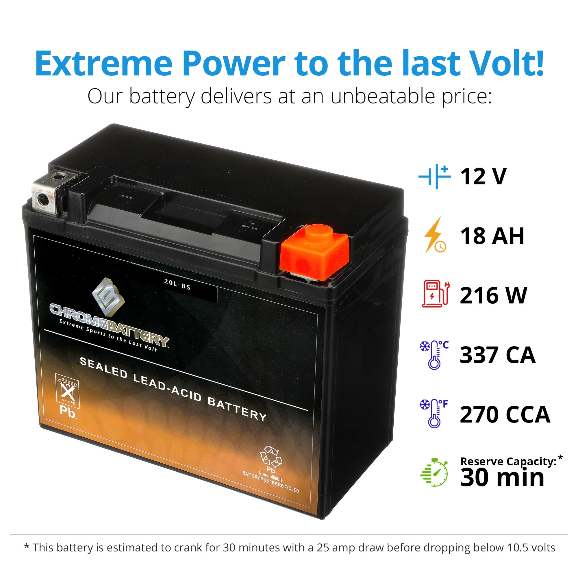 Chrome Battery Ytx20L-Bs High Performance - Maintenance Free - Sealed Agm Motorcycle Battery
