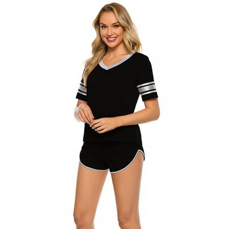

WBQ Womens Pajama Set Striped Short Sleeve Sleepwear Pjs Sets Black Tag XXL/US 16-18