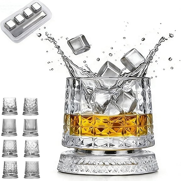 360° Rotating Crystal Whiskey Glass Set with Spinning Base, 280ml Old Fashioned Tumbler for Scotch Bourbon Rum Brandy