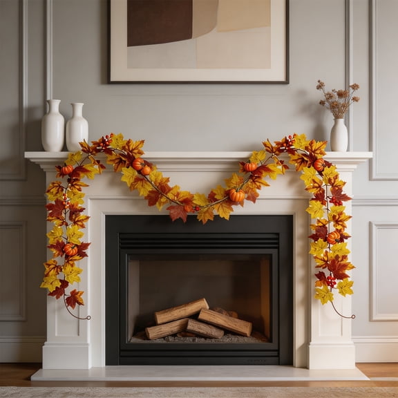 Artificial Fall Maple Leaf Garland with Mini Pumpkin, Hanging Decor for Front Door Thanksgiving Home Ornament, Autumn Seasonal Wreath Alternative