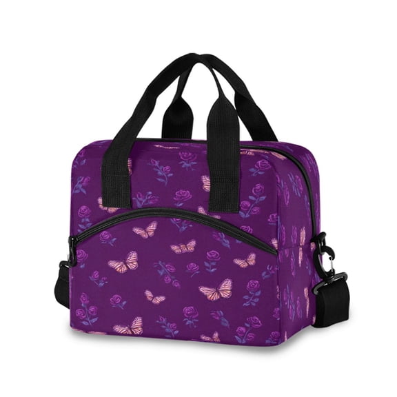 Insulated Crossbody Lunch Bag 10L Lunch Tote with Adjustable Shoulder Strap for Work Office Picnic Little Butterfly and Rose