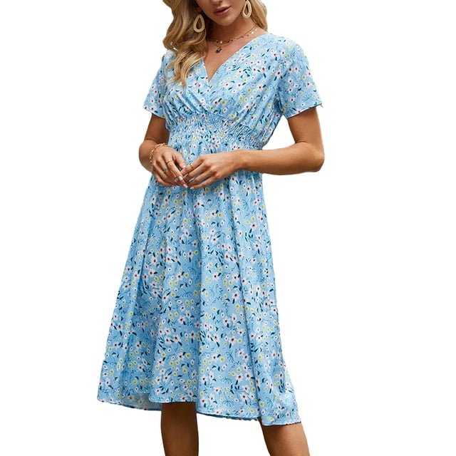 Txlixc Vestido de Verano para Mujer, Estampado Floral Cuello en V Manga Corta Falda Casual de Cintura Delgada para Damas, 9 Colores Txlixc Estilo de ocio